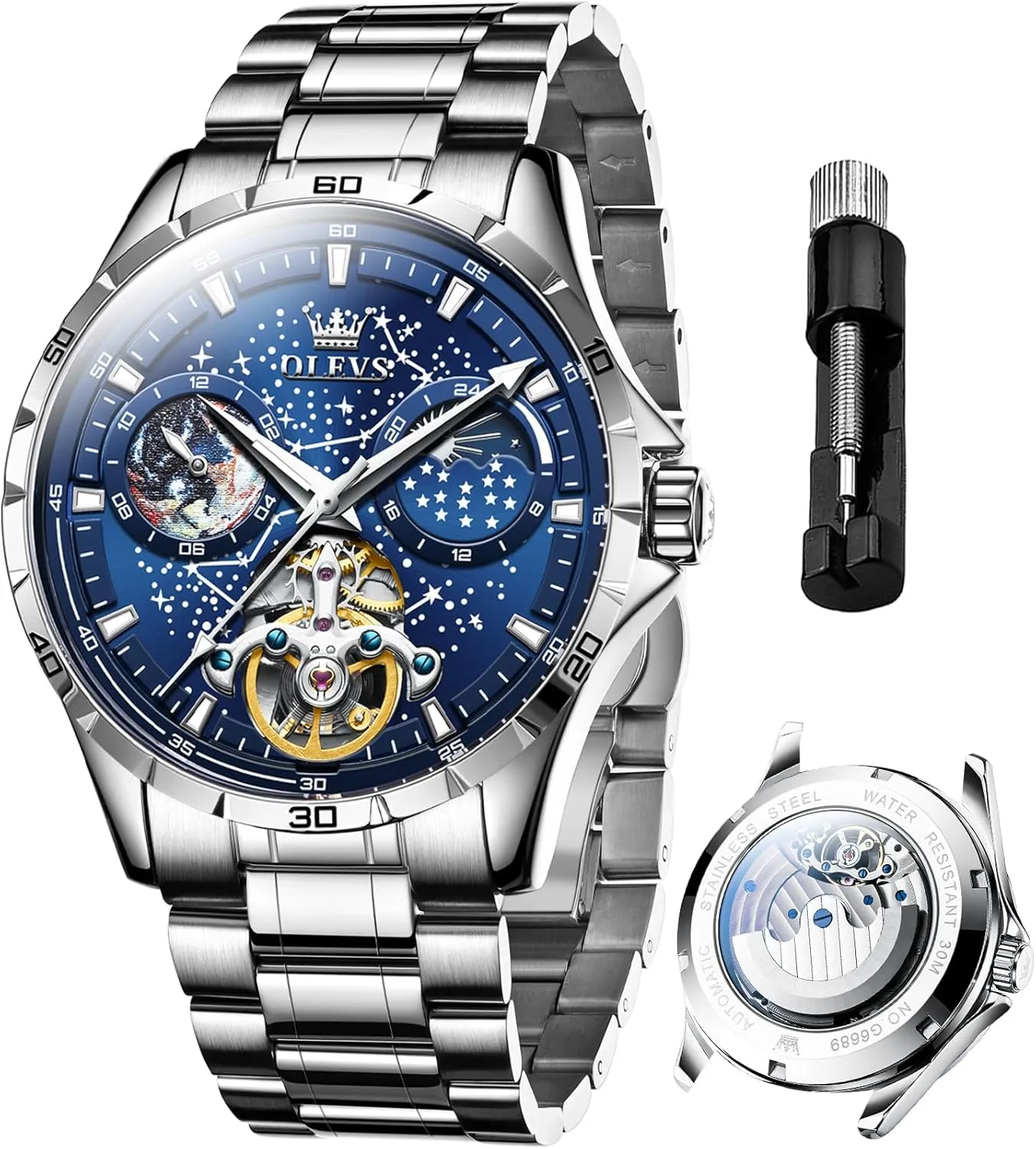 OLEVS Mens Luxury Skeleton Automatic Watch Diamond Self Winding Mechanical Timepiece Gifts Luminous Waterproof