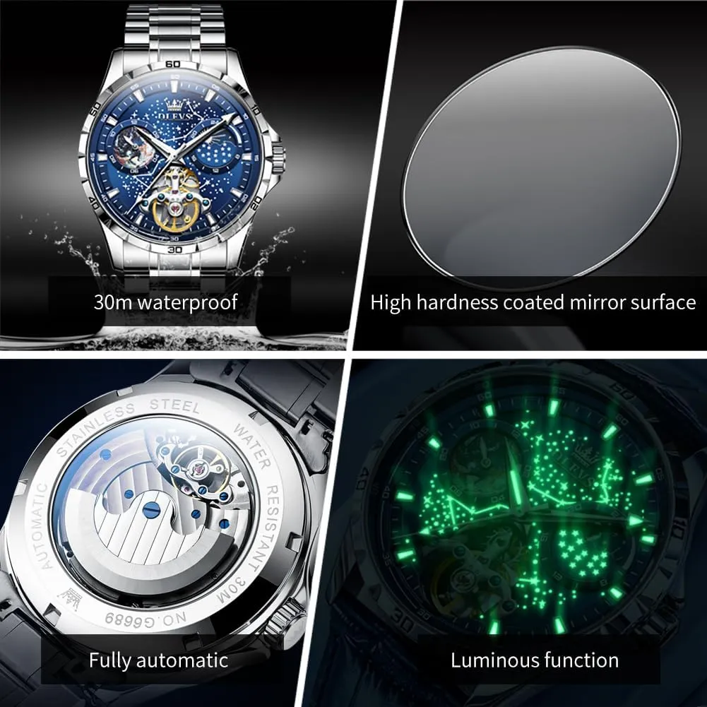OLEVS Mens Luxury Skeleton Automatic Watch Diamond Self Winding Mechanical Timepiece Gifts Luminous Waterproof