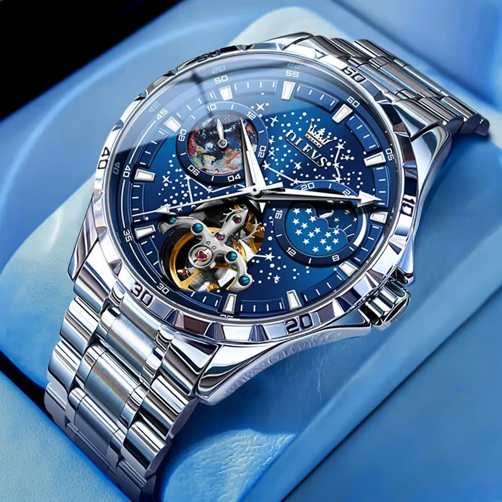 OLEVS Mens Luxury Skeleton Automatic Watch Diamond Self Winding Mechanical Timepiece Gifts Luminous Waterproof