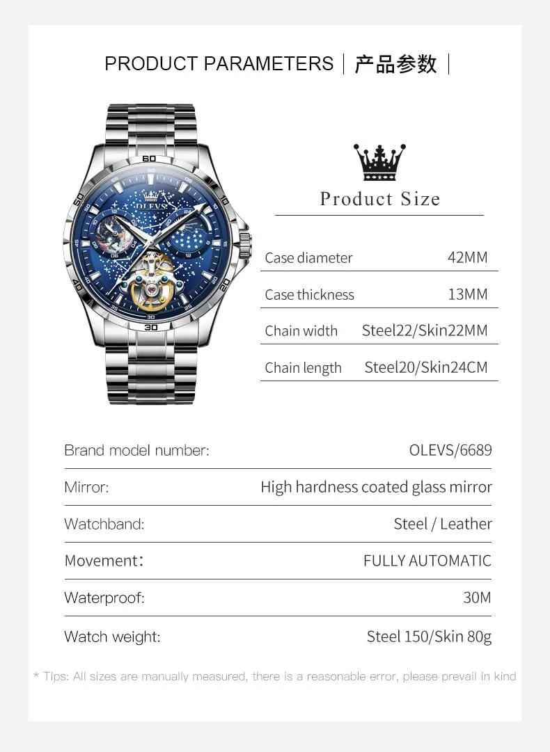 OLEVS Mens Luxury Skeleton Automatic Watch Diamond Self Winding Mechanical Timepiece Gifts Luminous Waterproof
