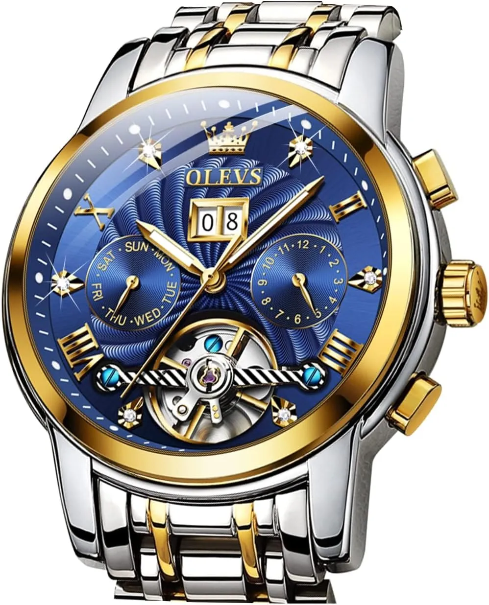 OLEVS Skeleton Watches for Men Luxury Diamond Wristwatch Automatic Mechanical Self Winding Luminous Waterproof