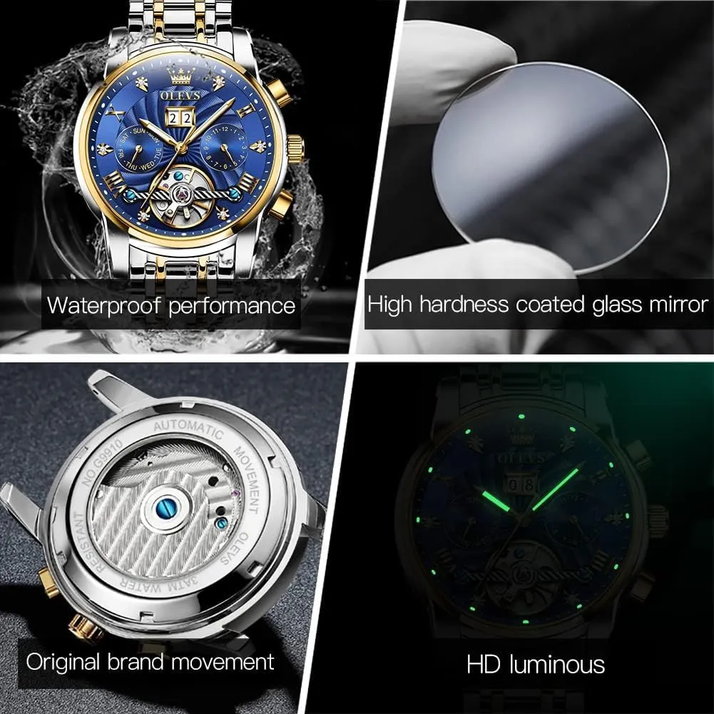 OLEVS Skeleton Watches for Men Luxury Diamond Wristwatch Automatic Mechanical Self Winding Luminous Waterproof
