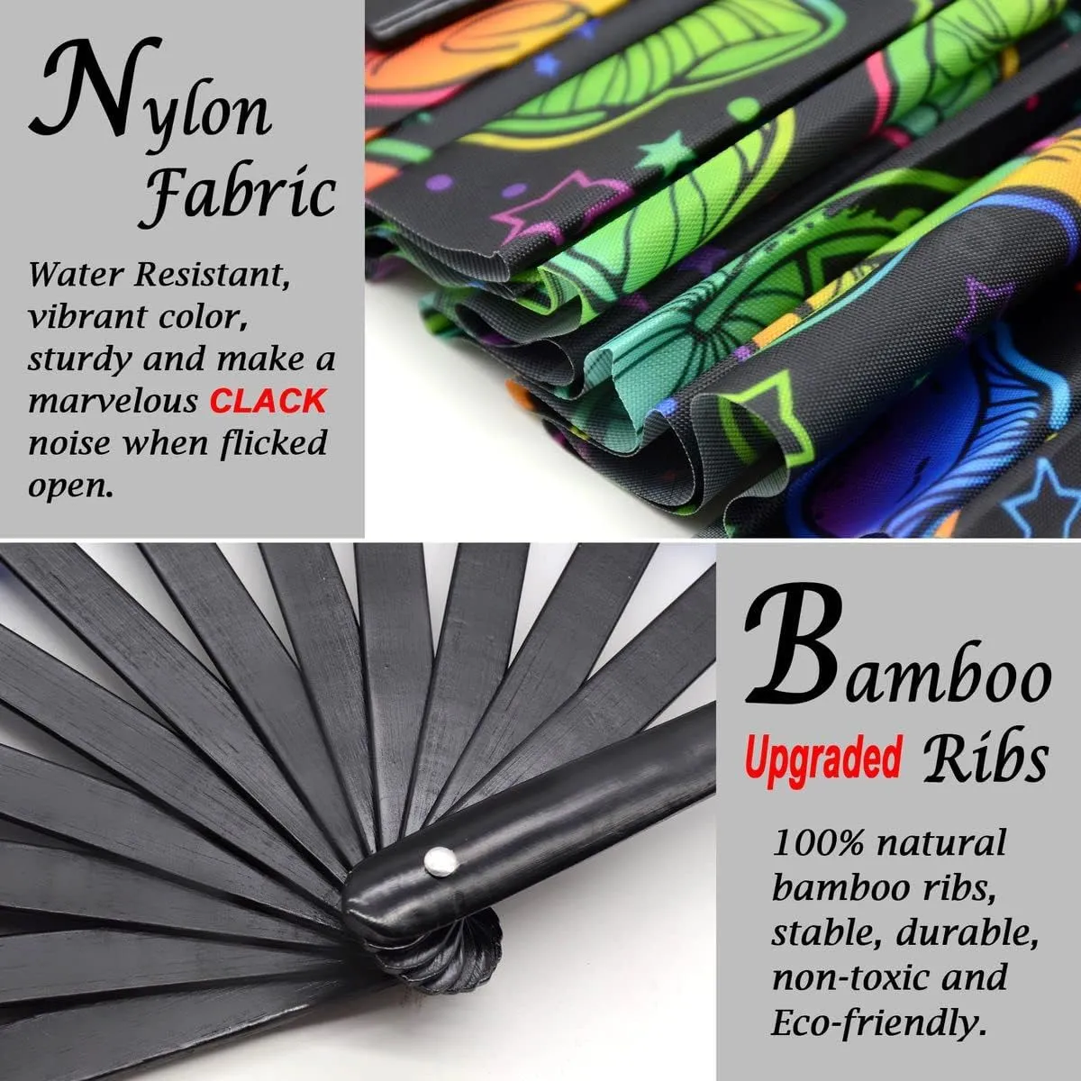 OMyTea Rave Hand Fan Foldable for Women/Men/Drag Queen - Large Clack Festival Folding Hand Fan - for EDM, Music Festival, Event, Party, Dance, Performance (Green Mushroom)