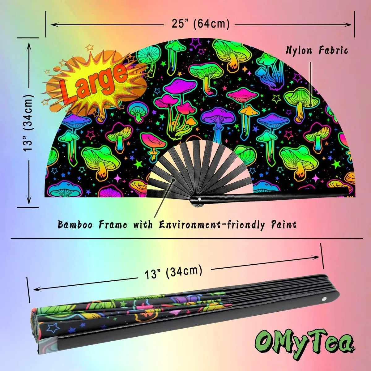 OMyTea Rave Hand Fan Foldable for Women/Men/Drag Queen - Large Clack Festival Folding Hand Fan - for EDM, Music Festival, Event, Party, Dance, Performance (Green Mushroom)