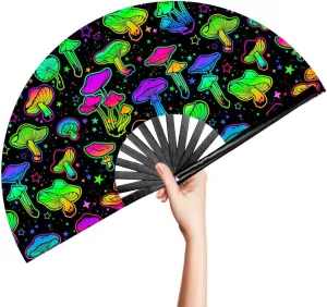 OMyTea Rave Hand Fan Foldable for Women/Men/Drag Queen - Large Clack Festival Folding Hand Fan - for EDM, Music Festival, Event, Party, Dance, Performance (Green Mushroom)