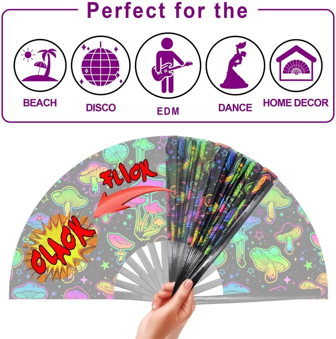 OMyTea Rave Hand Fan Foldable for Women/Men/Drag Queen - Large Clack Festival Folding Hand Fan - for EDM, Music Festival, Event, Party, Dance, Performance (Green Mushroom)