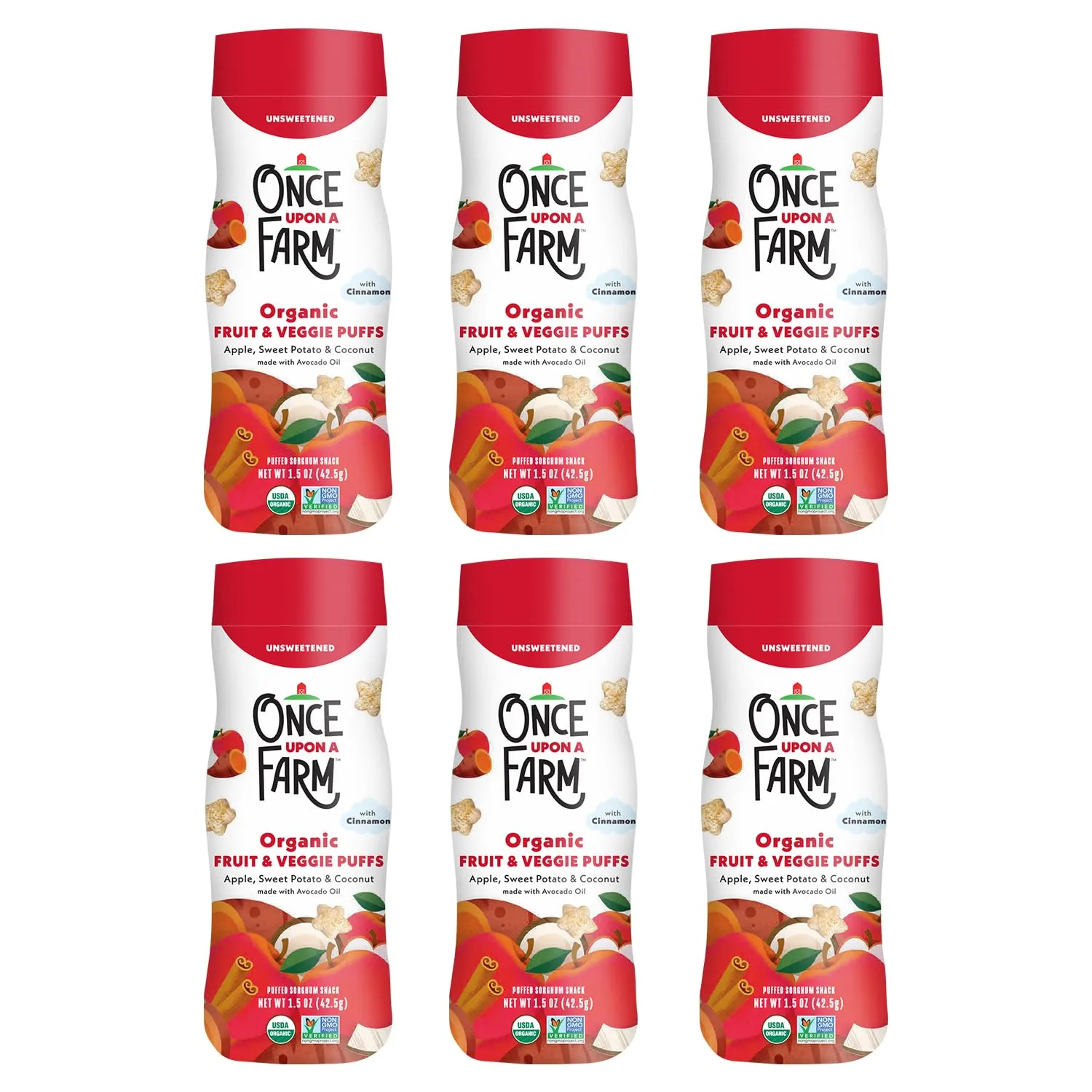 Once Upon A Farm Apple, Sweet Potato & Coconut Puffed Sorghum Snack, Fruit & Veggie Puffs, Non GMO, 1.5 Ounces (Pack Of 6)