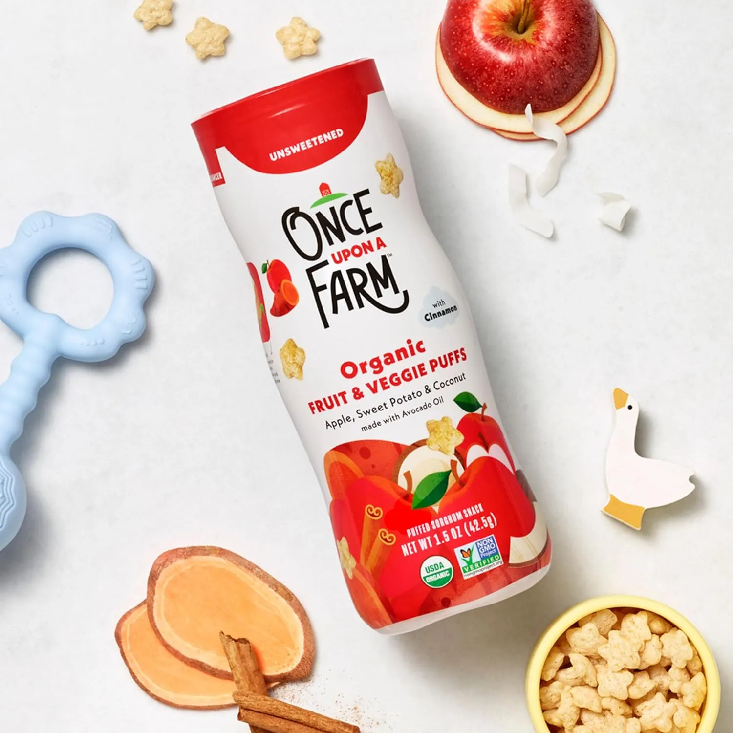 Once Upon A Farm Apple, Sweet Potato & Coconut Puffed Sorghum Snack, Fruit & Veggie Puffs, Non GMO, 1.5 Ounces (Pack Of 6)