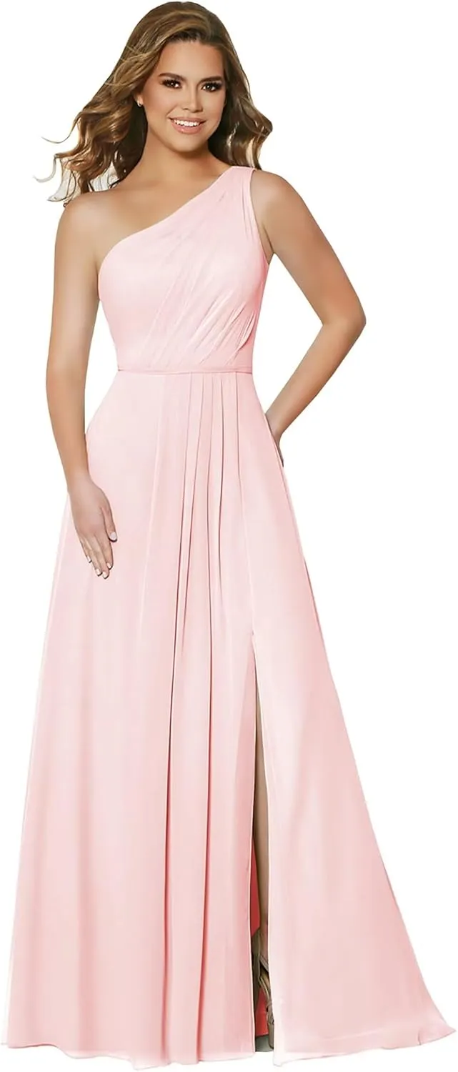 One Shoulder Bridesmaid Dresses for Women with Pockets Chiffon Formal Dresses Evening Gowns for Wedding Guest