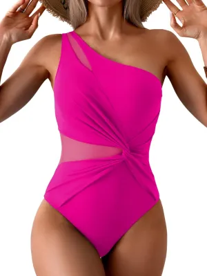 One Shoulder One Piecce Swimsuit for Women Mesh Tummy Control Bathing Suit Twist Swimwear
