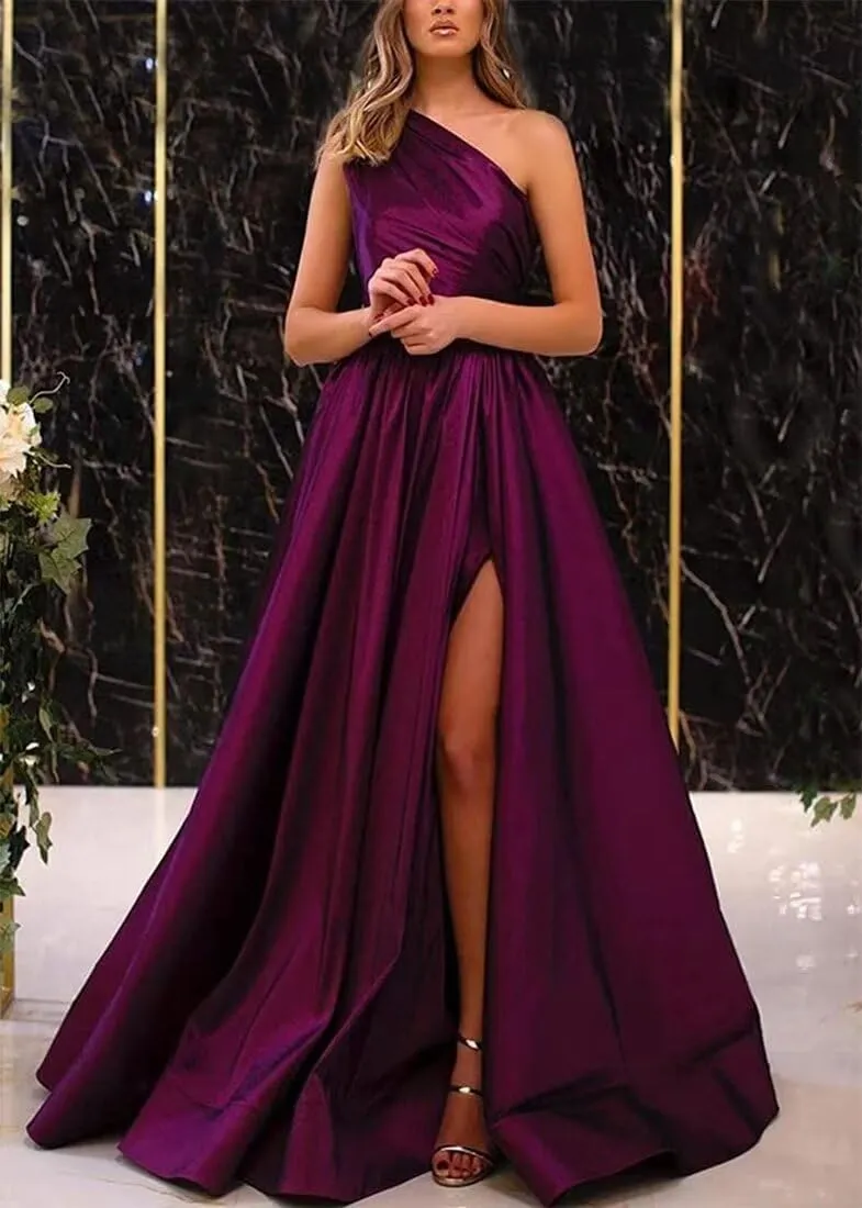 One Shoulder Satin Prom Dresses with Slit Long Formal Evening Party Dress 2024 Split Ball Gown with Pockets