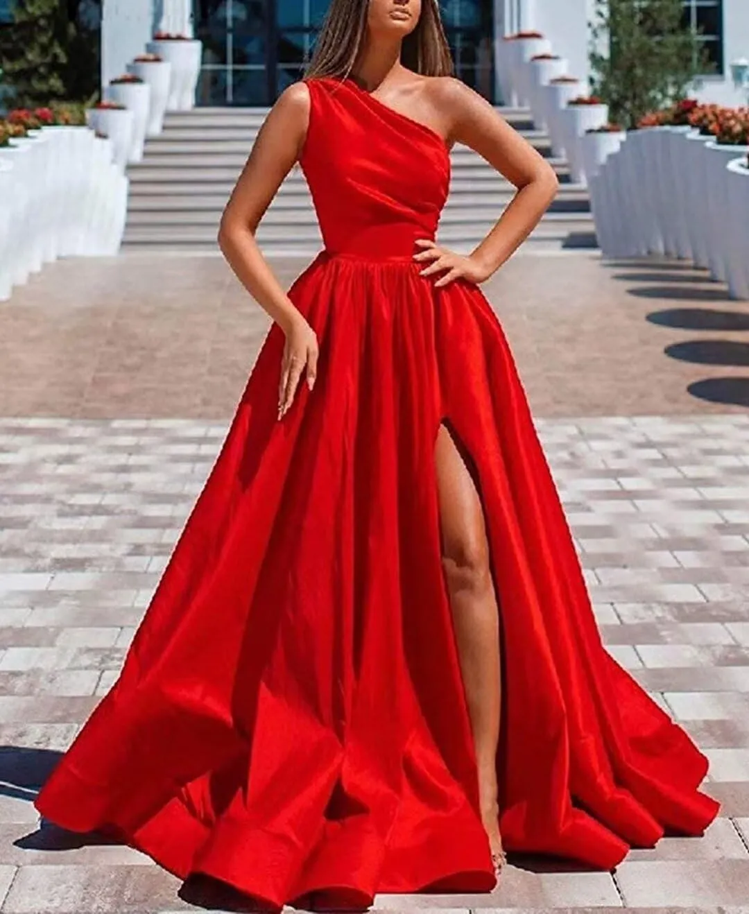 One Shoulder Satin Prom Dresses with Slit Long Formal Evening Party Dress 2024 Split Ball Gown with Pockets