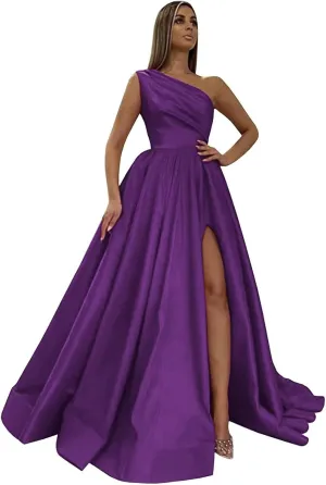 One Shoulder Satin Prom Dresses with Slit Long Formal Evening Party Dress 2024 Split Ball Gown with Pockets