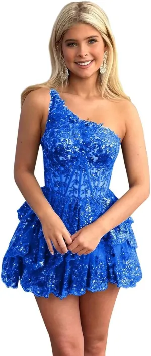 One Shoulder Short Tulle Homecoming Dresses for Teens 2024 Sparkly Lace Applique Ruffled Corset Prom Dress