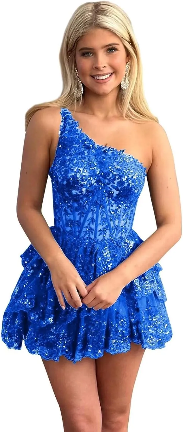 One Shoulder Short Tulle Homecoming Dresses for Teens 2024 Sparkly Lace Applique Ruffled Corset Prom Dress