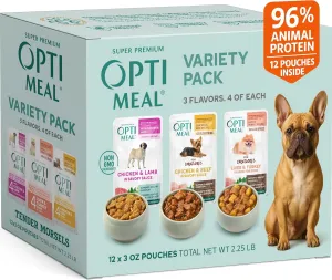 Optimeal Wet Dog Food Pouches - Variety Pack Grain Free Recipes, High Protein, Tender Morsels in Aspic Made with Natural Ingredients for Adult Dogs, Premium Nutrition - 3 oz, Pack of 12