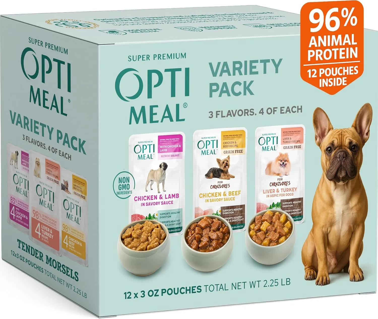 Optimeal Wet Dog Food Pouches - Variety Pack Grain Free Recipes, High Protein, Tender Morsels in Aspic Made with Natural Ingredients for Adult Dogs, Premium Nutrition - 3 oz, Pack of 12