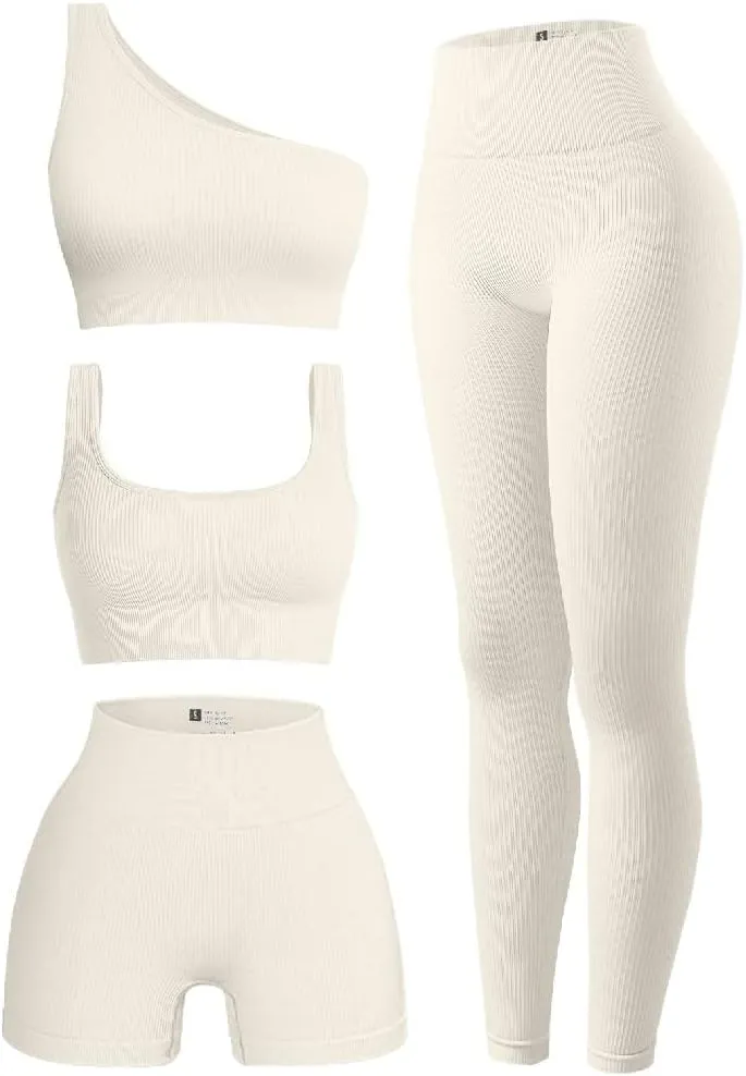 OQQ Women's 4 Piece Outfits Ribbed Exercise Scoop Neck Sports Bra One Shoulder Tops High Waist Shorts Leggings Active Set