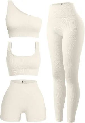 OQQ Women's 4 Piece Outfits Ribbed Exercise Scoop Neck Sports Bra One Shoulder Tops High Waist Shorts Leggings Active Set