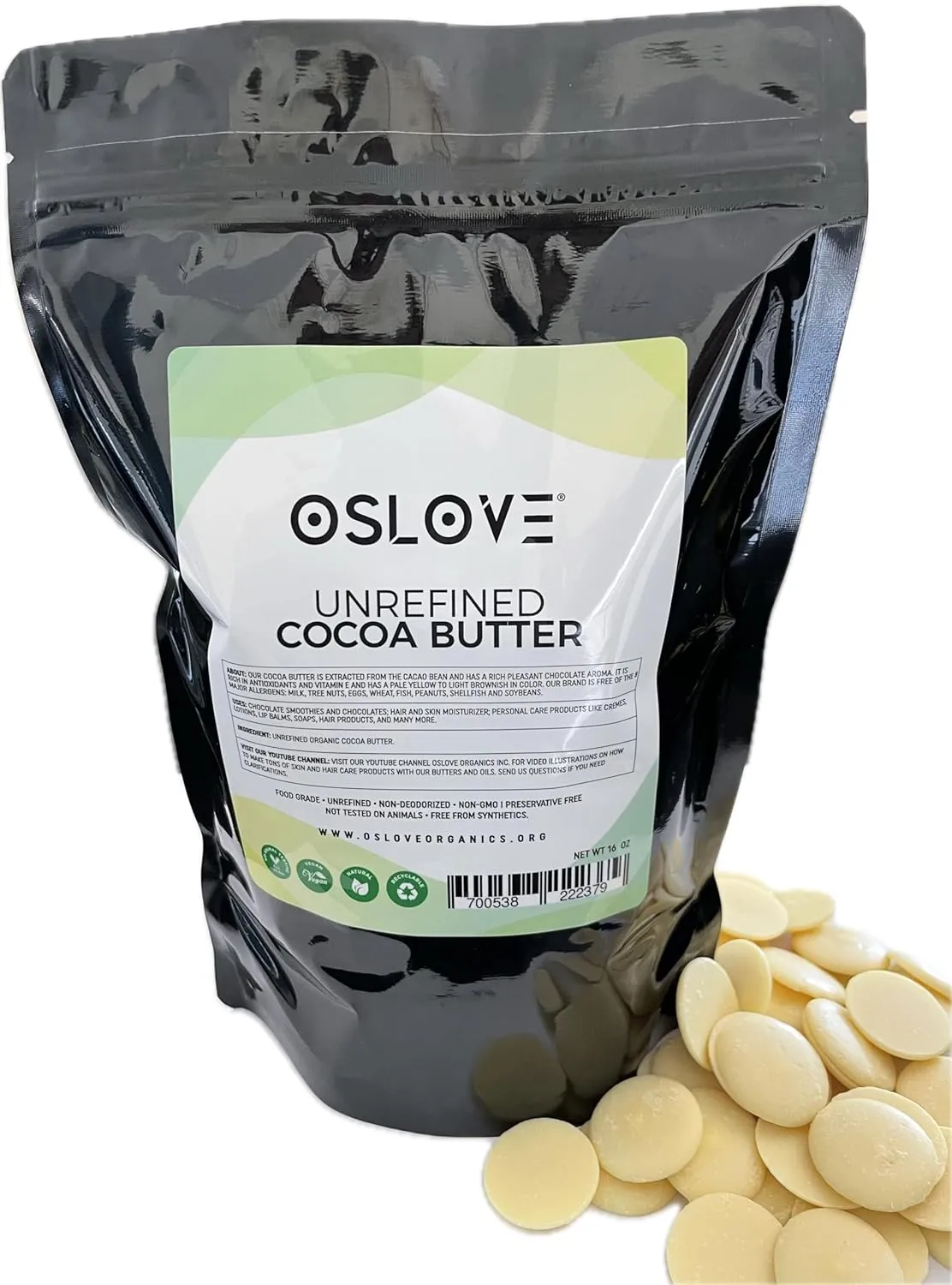 Organic Cocoa Butter 1 LB by Oslove Organics - FOOD GRADE, Raw, Non-Deodorized, Unrefined - For whipped body butter, lotion bars, scar & stretch marks | Delicous Home-made Chocolate | Allergen Free