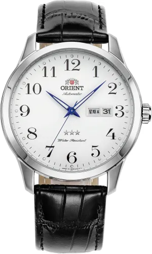 Orient Tristar 3 Star Automatic Watch for Men, Classic White Dial Blue Hands Leather Brand Dress Watch Stainless Steel RA-AB0004S0BD