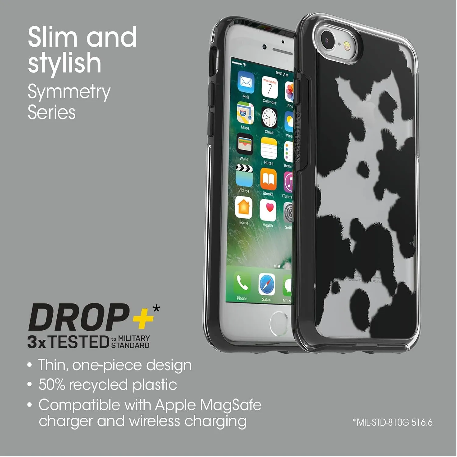 OtterBox iPhone SE 3rd/2nd Gen, iPhone 8/7 (not Compatible with Plus Sized Models) Symmetry Series Case - Cow Print, Ultra-Sleek, Wireless Charging Compatible, Raised Edges Protect Camera & Screen