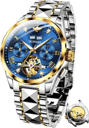 OUPINKE Mens Automatic Watch Diamond Skeleton Mechanical Self Winding Luxury Dress Wrist Watch Sapphire Crystal Tungsten