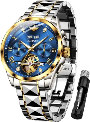 OUPINKE Mens Watches Automatic Skeleton Tourbillon Self Winding Luxury Sapphire Crystal Business Dress Wristwatch