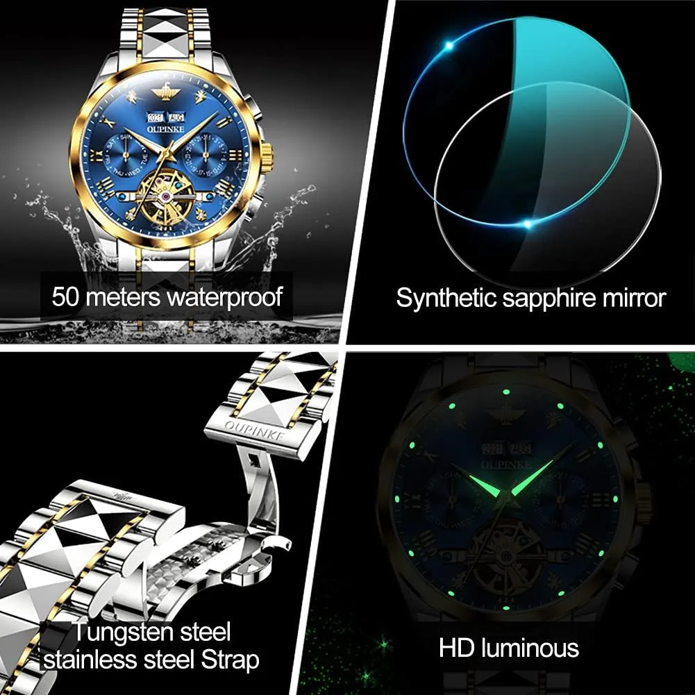 OUPINKE Mens Watches Automatic Skeleton Tourbillon Self Winding Luxury Sapphire Crystal Business Dress Wristwatch