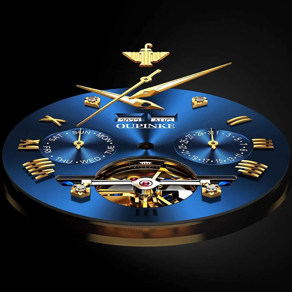 OUPINKE Mens Watches Automatic Skeleton Tourbillon Self Winding Luxury Sapphire Crystal Business Dress Wristwatch