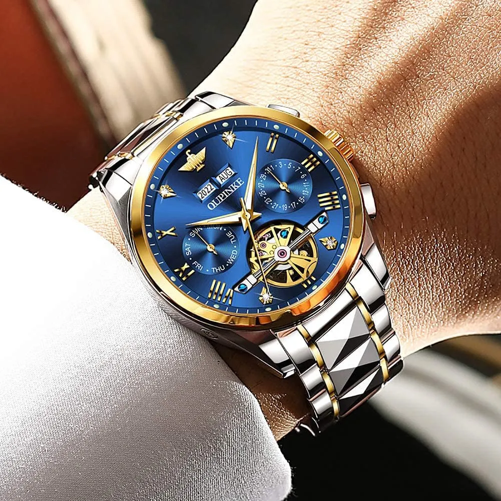 OUPINKE Mens Watches Automatic Skeleton Tourbillon Self Winding Luxury Sapphire Crystal Business Dress Wristwatch