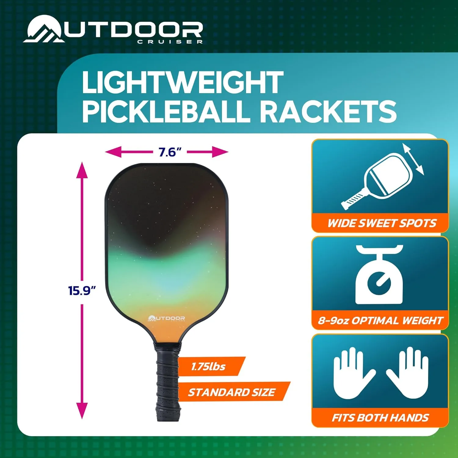 Outdoor Cruiser Pickleball Paddle Set – USAPA Approved, Premium Fiberglass Paddles with Lightweight Shock-Absorbing Grip, Includes 2 Rackets, 4 Balls, Grip Tapes, and Sling Carry Bag