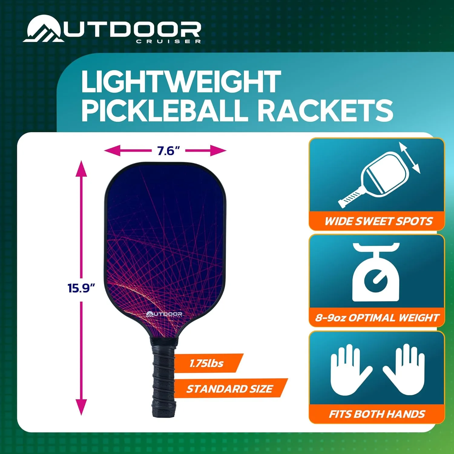 Outdoor Cruiser Pickleball Racket Set - Carbon Fiber USAPA Approved Lightweight Paddles with Polypropylene Honeycomb Core, Skill Levels, Includes 2 Rackets, a Sling Bag, 4 Balls, and 4 Grip Tapes