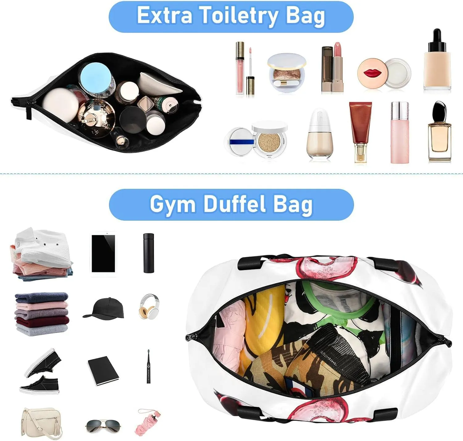 Oyihfvs Two Red Wine Glasses with Heart over White Background Foldable Travel Bag, Camping Luggage bag, Portable Gym Bag, Sports Bag, Toiletry Bag with Handles Adjustable Shoulder Strap