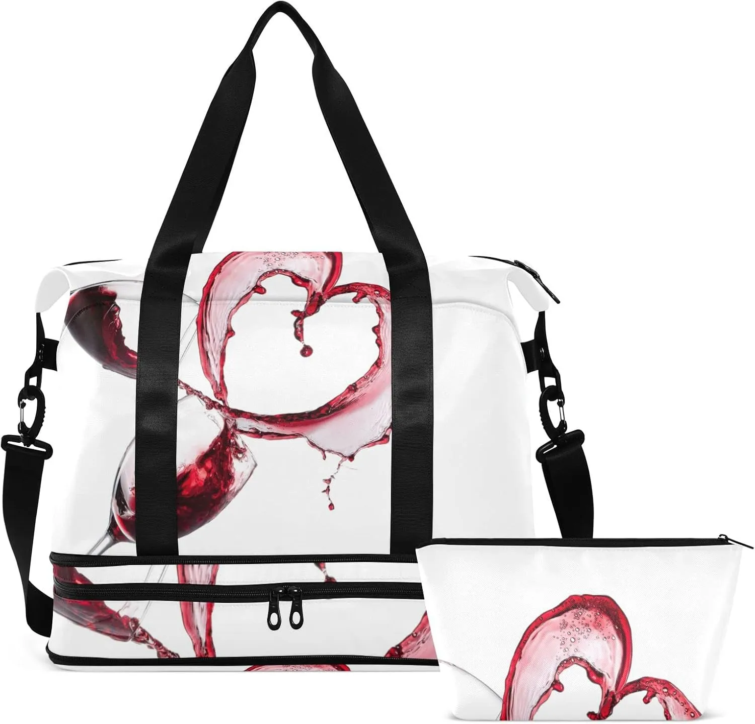Oyihfvs Two Red Wine Glasses with Heart over White Background Foldable Travel Bag, Camping Luggage bag, Portable Gym Bag, Sports Bag, Toiletry Bag with Handles Adjustable Shoulder Strap