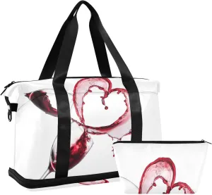 Oyihfvs Two Red Wine Glasses with Heart over White Background Foldable Travel Bag, Camping Luggage bag, Portable Gym Bag, Sports Bag, Toiletry Bag with Handles Adjustable Shoulder Strap