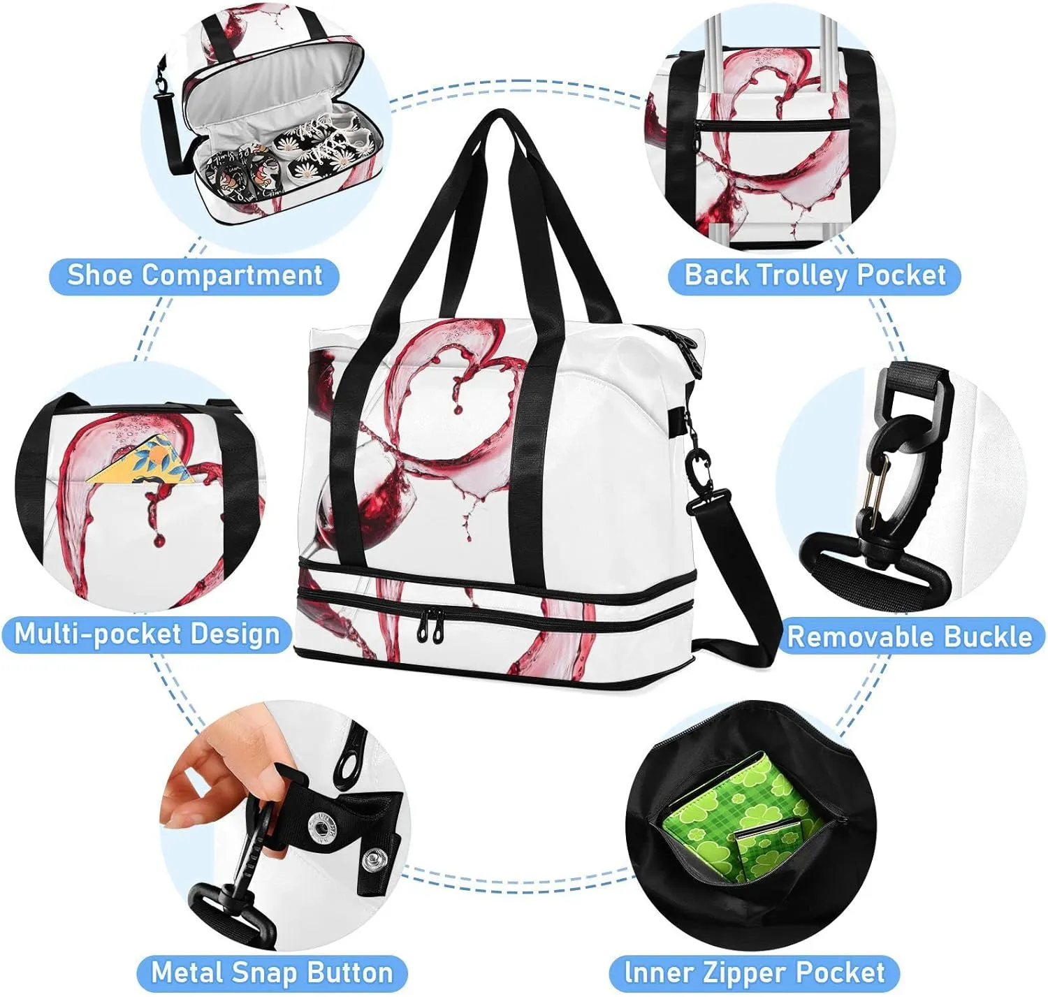 Oyihfvs Two Red Wine Glasses with Heart over White Background Foldable Travel Bag, Camping Luggage bag, Portable Gym Bag, Sports Bag, Toiletry Bag with Handles Adjustable Shoulder Strap