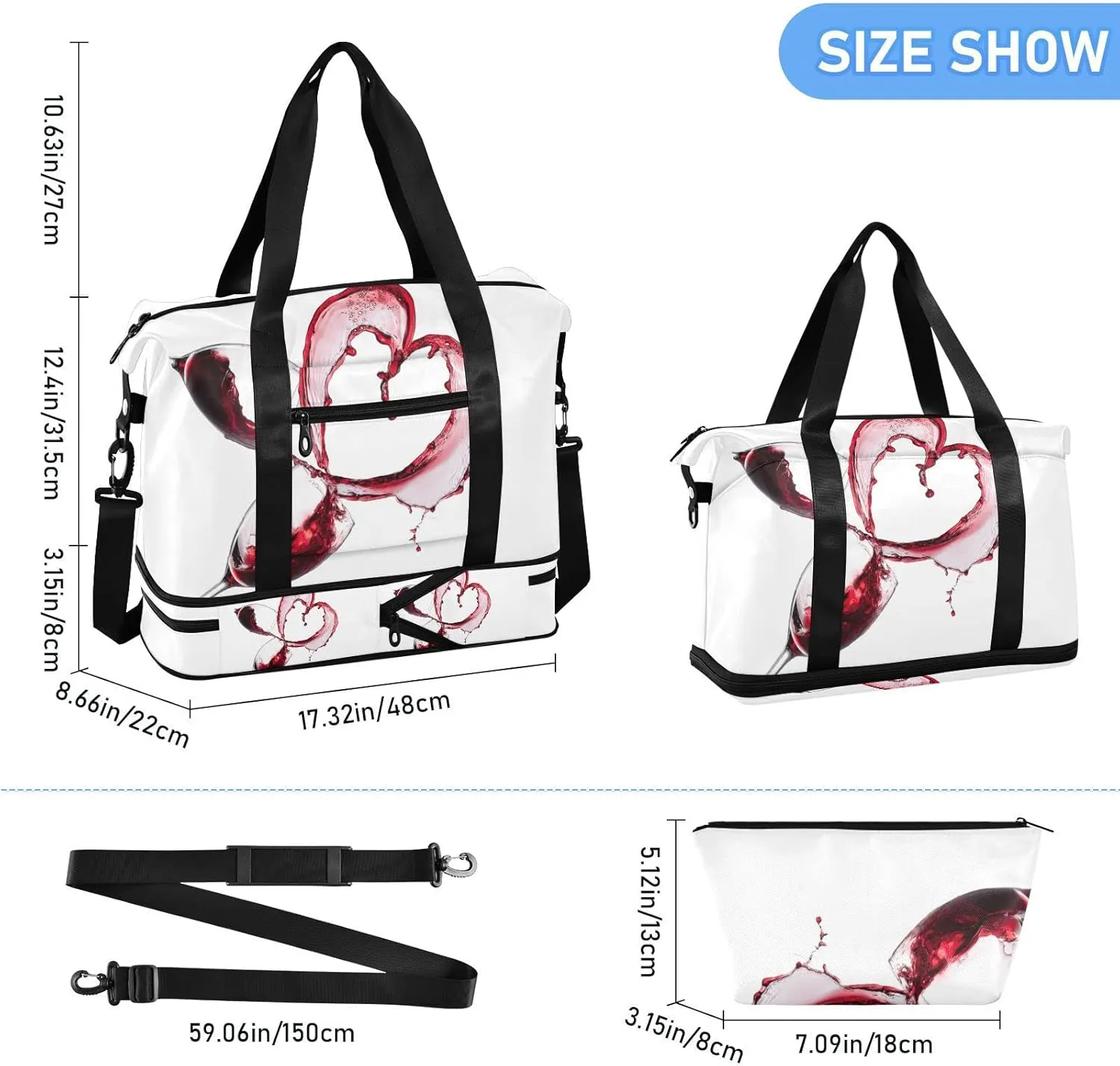 Oyihfvs Two Red Wine Glasses with Heart over White Background Foldable Travel Bag, Camping Luggage bag, Portable Gym Bag, Sports Bag, Toiletry Bag with Handles Adjustable Shoulder Strap