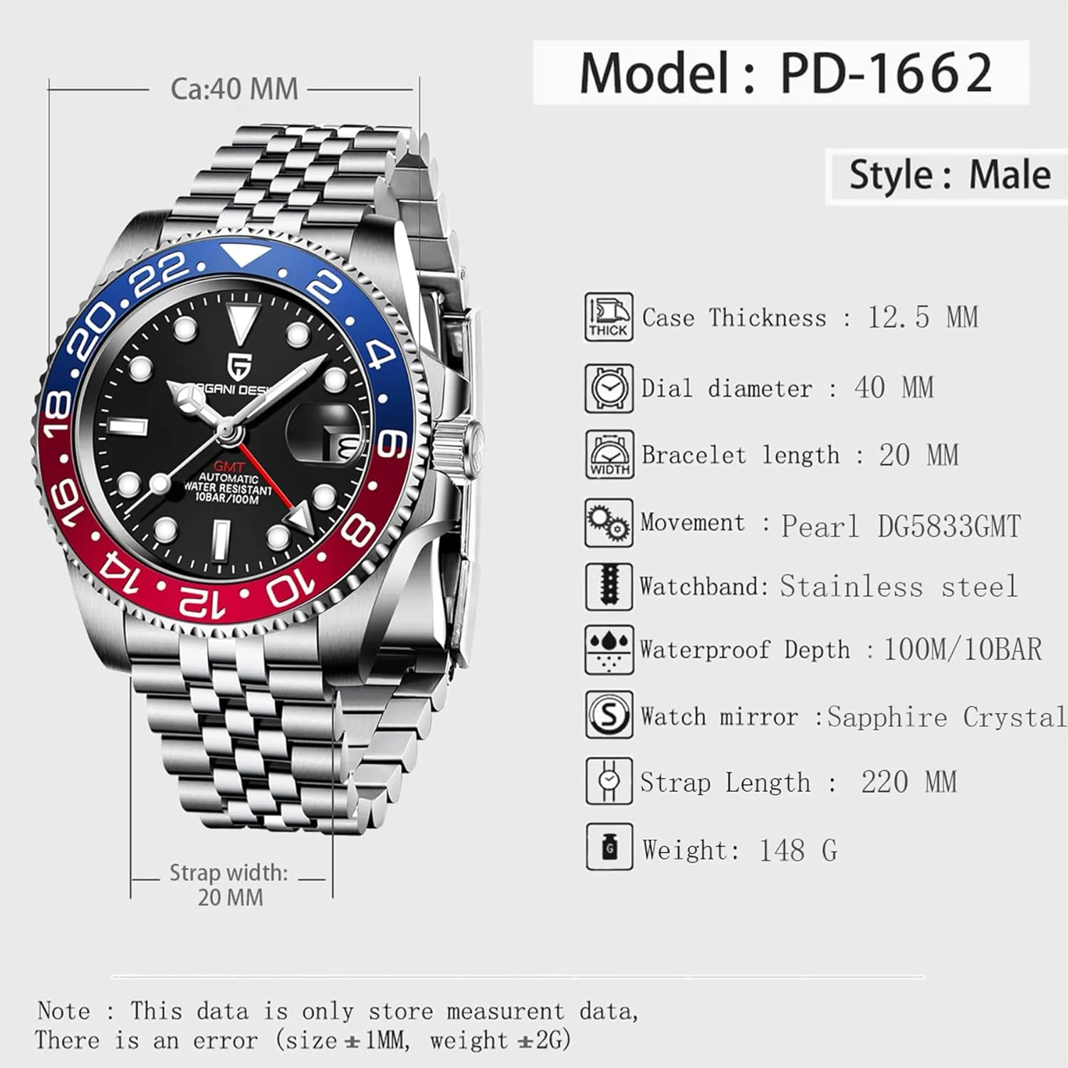 Pagani Design GMT Automatic Mechanical Men's Watch Rotating Ceramic Bezel Stainless Steel Watch with Date Function Men's Sport Watch