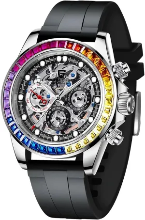 Pagani Design Luxury Men's Automatic Mechanical Watches Skeleton Dial Stainless Steel Rainbow Bezel Rubber Strap 100M Waterproof Sports Wristwatch