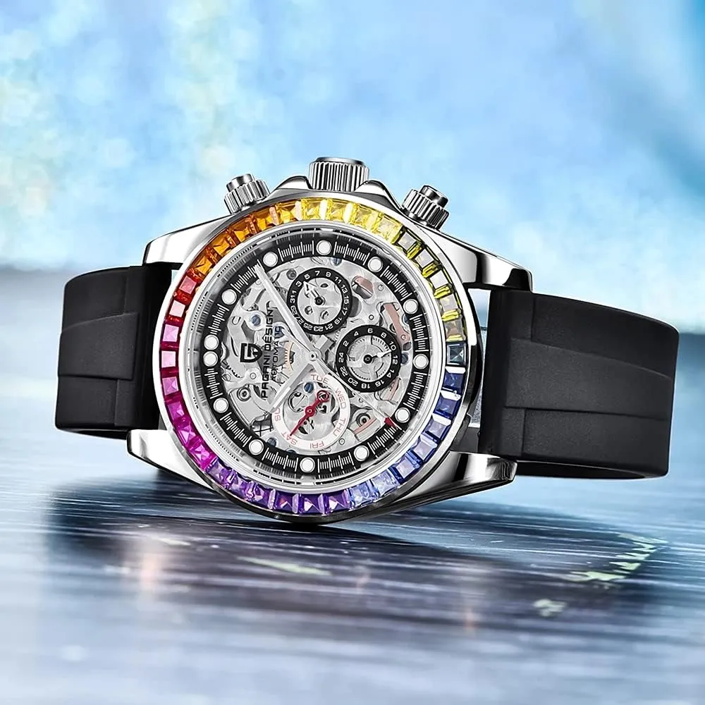 Pagani Design Luxury Men's Automatic Mechanical Watches Skeleton Dial Stainless Steel Rainbow Bezel Rubber Strap 100M Waterproof Sports Wristwatch