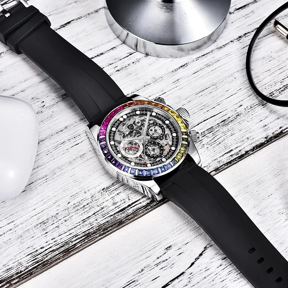 Pagani Design Luxury Men's Automatic Mechanical Watches Skeleton Dial Stainless Steel Rainbow Bezel Rubber Strap 100M Waterproof Sports Wristwatch