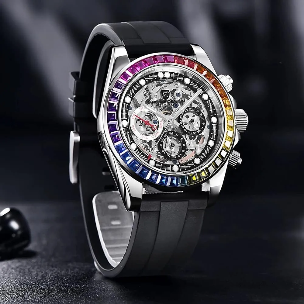 Pagani Design Luxury Men's Automatic Mechanical Watches Skeleton Dial Stainless Steel Rainbow Bezel Rubber Strap 100M Waterproof Sports Wristwatch