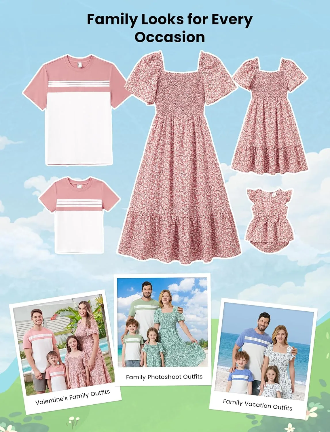 PATPAT Family Matching Outfits Boho Floral Print Square Neck Puff Sleeve Smocked Dress and Short Sleeve T-Shirts Matching Set