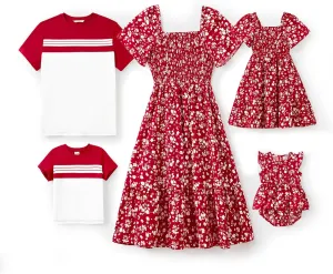 PATPAT Family Matching Outfits Boho Floral Print Square Neck Puff Sleeve Smocked Dress and Short Sleeve T-Shirts Matching Set