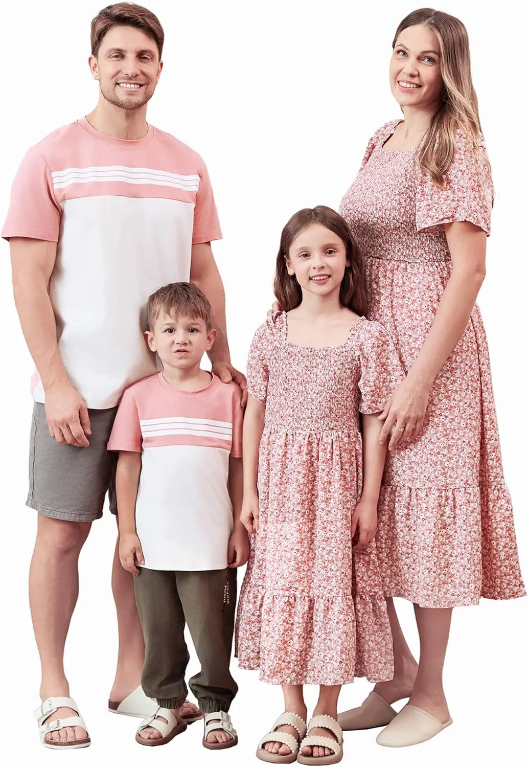 PATPAT Family Matching Outfits Boho Floral Print Square Neck Puff Sleeve Smocked Dress and Short Sleeve T-Shirts Matching Set
