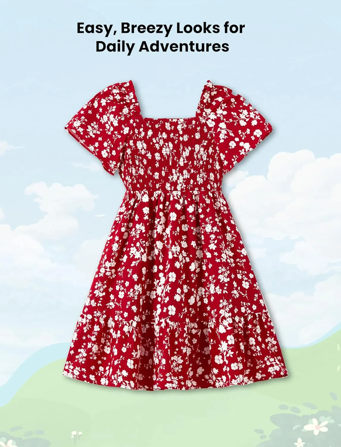 PATPAT Family Matching Outfits Boho Floral Print Square Neck Puff Sleeve Smocked Dress and Short Sleeve T-Shirts Matching Set