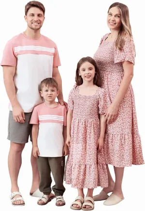 PATPAT Family Matching Outfits Boho Floral Print Square Neck Puff Sleeve Smocked Dress and Short Sleeve T-Shirts Matching Set