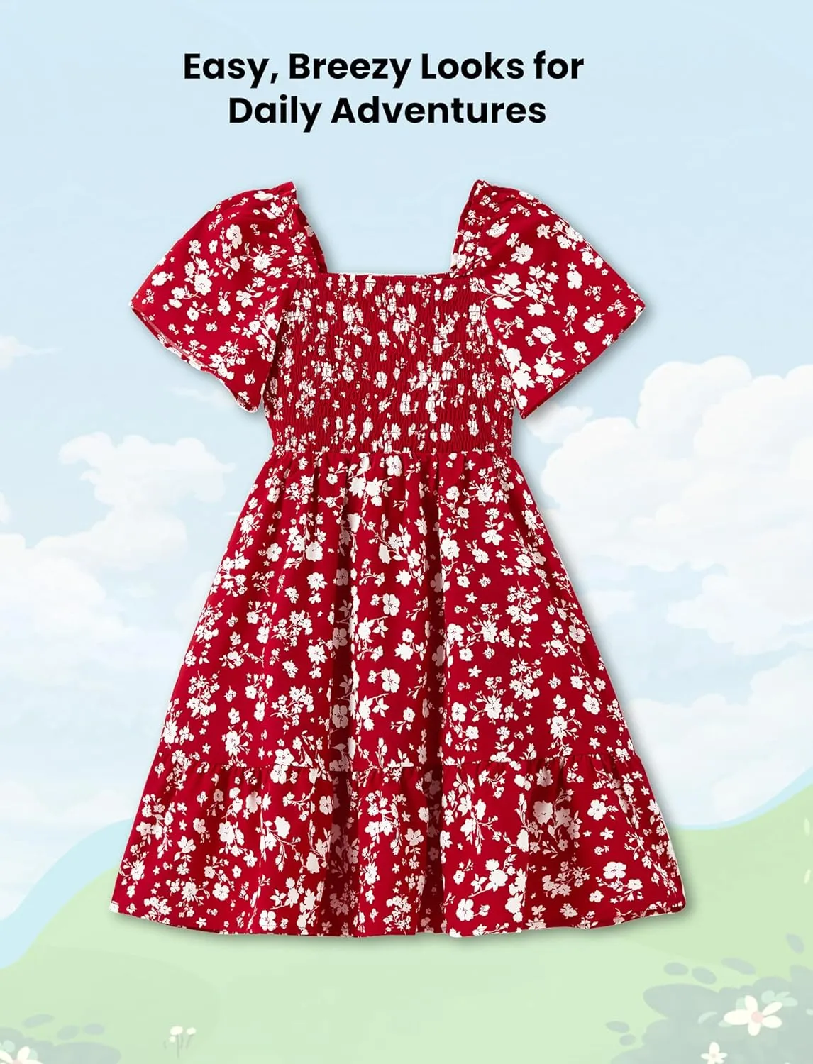 PATPAT Family Matching Outfits Boho Floral Print Square Neck Puff Sleeve Smocked Dress and Short Sleeve T-Shirts Matching Set
