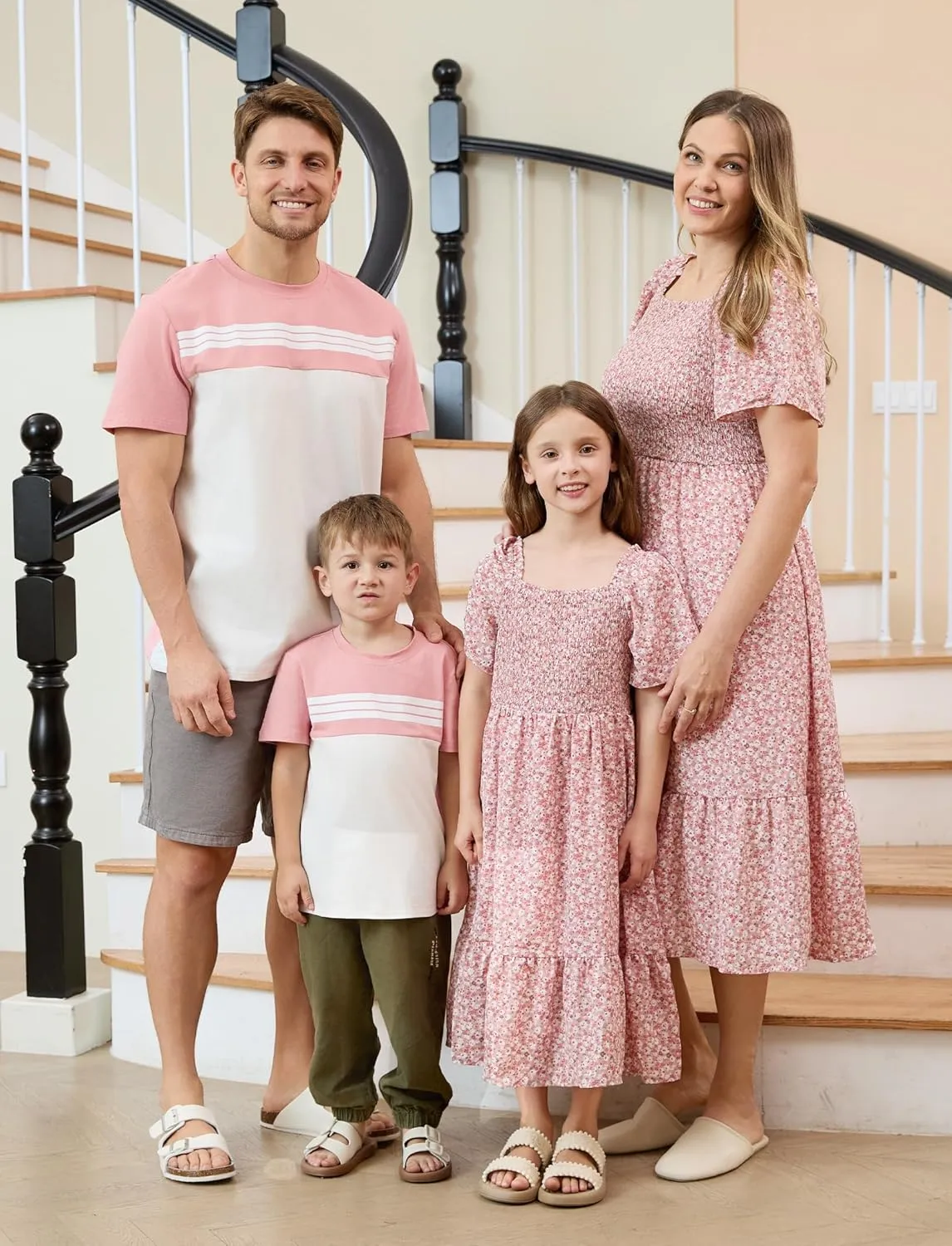 PATPAT Family Matching Outfits Boho Floral Print Square Neck Puff Sleeve Smocked Dress and Short Sleeve T-Shirts Matching Set